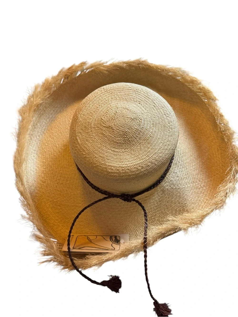 NIB Helen Kaminski Natural Straw Sun Hat Frayed Brim Braided Band 16”